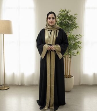 Vesper Nida & Lava Silk Abaya Set – Black & Gold Luxury Modest Wear with Matching Hijab