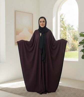 :  Obsidian Turkish Linen Abaya Set – Deep Plum Flowy Modest Wear with Matching Hijab