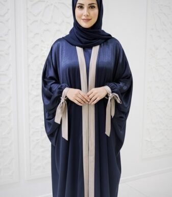 Haya Light Georgette Abaya Set – Navy & Beige Flowy Modest Wear with Matching Hijab
