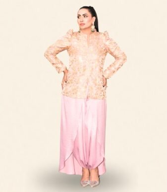 Gul-Kari Draped Tulip Shalwar Ensemble – Fluid Festive Elegance with Gold Floral Detailing