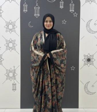 Afsanah Fused Silk Floral Abaya Set – Luxury Flowy Modest Wear with Matching Hijab