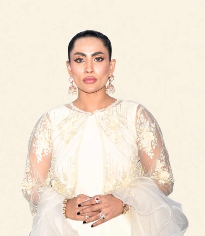 Noor Luxury Ensemble – Ivory Embroidered Long Kameez with Flared Palazzo and Organza Dupatta