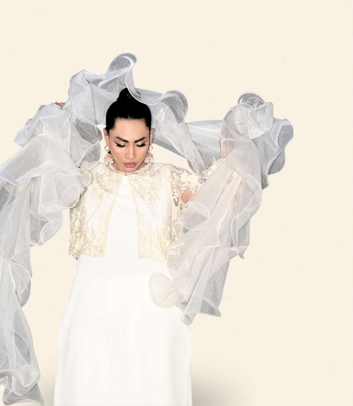 Noor Radiant Ivory Ensemble – Embroidered Long Kameez with Organza Ruffle Dupatta