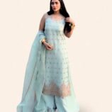 Ufaq Serene Powder Blue Long Kameez with Rose Gold Embellishments – Elegant Festive Ensemble