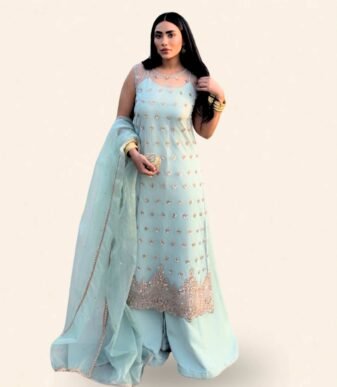 Ufaq Serene Powder Blue Long Kameez with Rose Gold Embellishments – Elegant Festive Ensemble