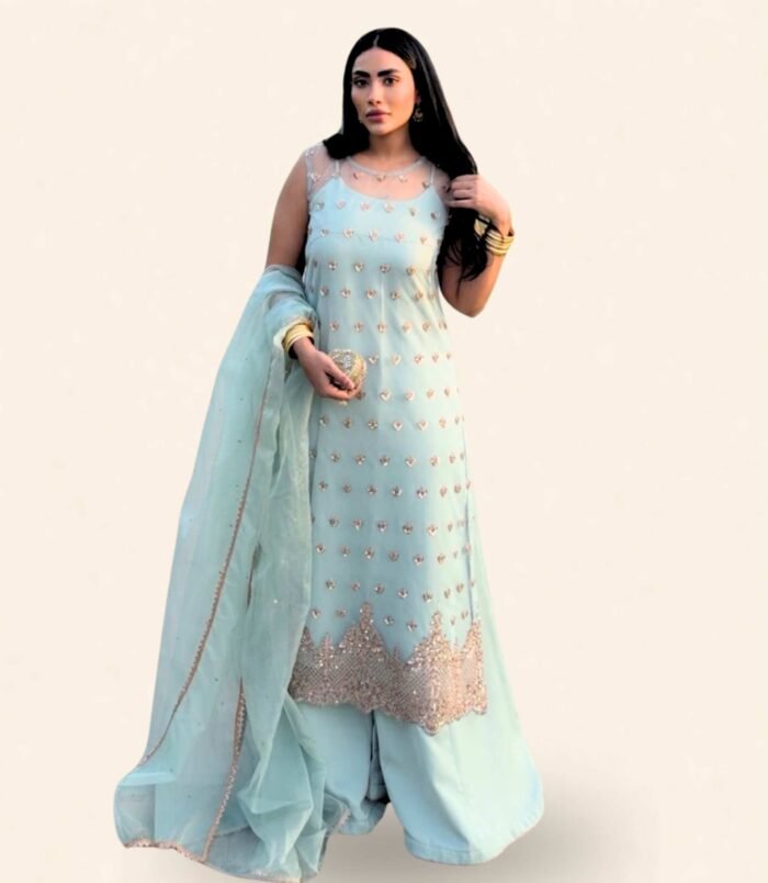 Ufaq Serene Powder Blue Long Kameez with Rose Gold Embellishments – Elegant Festive Ensemble