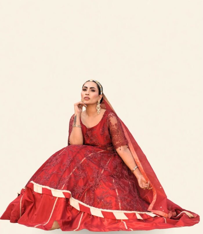 Kizil Deep Crimson Scarlet Lehenga – Paneled Flare and Regal Feminine Silhouette