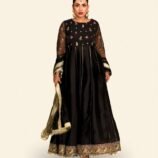 Laila Deep Black Embroidered Pishwas with Net Dupatta – Regal Floral Embroidery and Rich Crimson Accents