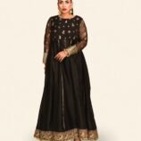 Laila Midnight Obsidian Embroidered Pishwas with Voluminous Flare – Gilded Crimson Floral Detailing