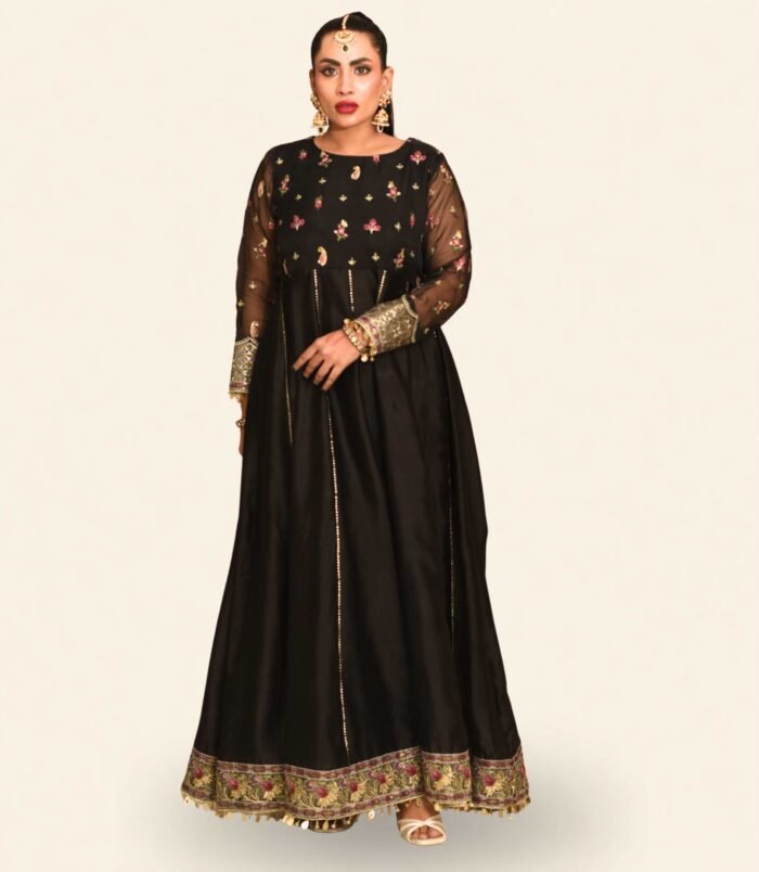 Laila Midnight Obsidian Embroidered Pishwas with Voluminous Flare – Gilded Crimson Floral Detailing
