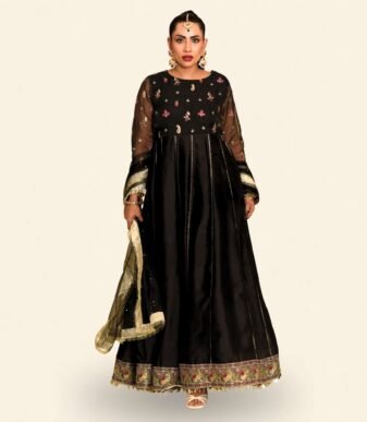 Laila Deep Black Embroidered Pishwas with Net Dupatta – Regal Floral Embroidery and Rich Crimson Accents