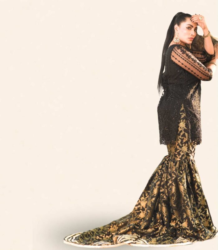 Siyah Jet Black and Antique Gold Kurta with Banarasi Gharara – High-Contrast Bridal Elegance