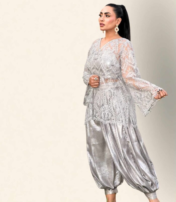Surmayi Shimmering Pewter Silver Tunic and Metallic Dhoti Shalwar – Ethereal Elegance for the Modern Muse