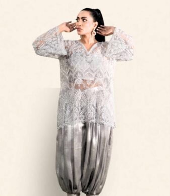 Surmayi Embroidered Tunic with V-neckline and Flowing Sleeves – Metallic Dhoti Shalwar Ensemble