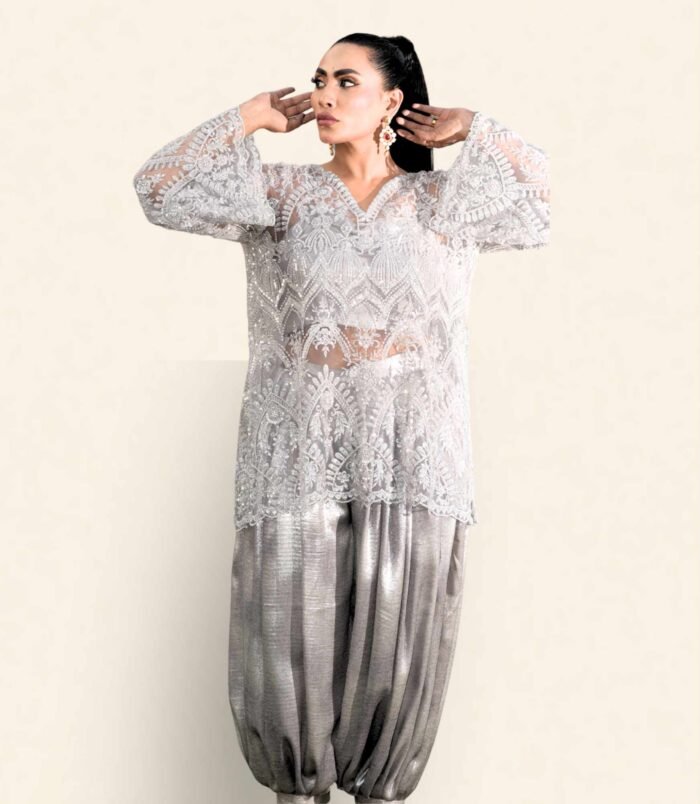 Surmayi Embroidered Tunic with V-neckline and Flowing Sleeves – Metallic Dhoti Shalwar Ensemble
