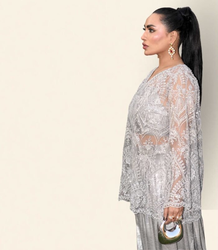 Surmayi Luminous Pewter Silver Tunic with Sculpted Dhoti Shalwar – Contemporary Elegance