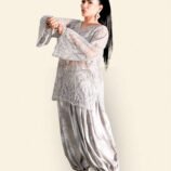 Surmayi Pewter Silver Embroidered Net Tunic with Metallic Dhoti Shalwar