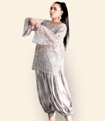 Surmayi Pewter Silver Embroidered Net Tunic with Metallic Dhoti Shalwar