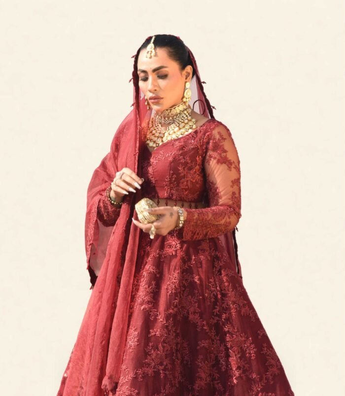 Surkh Deep Crimson Maroon Lehenga Choli – Bridal Grandeur with Tonal Embroidery and Sheer Sleeves