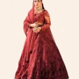Surkh Regal Bridal Ensemble – Embroidered Lehenga with Floral Detailing and Sheer Dupatta