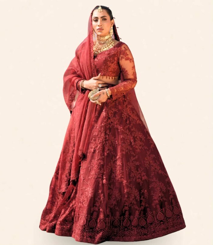 Surkh Regal Bridal Ensemble – Embroidered Lehenga with Floral Detailing and Sheer Dupatta