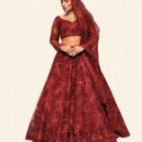 Surkh Timeless Bridal Elegance – Deep Maroon Lehenga Choli with Floral Embroidery and Organza Dupatta