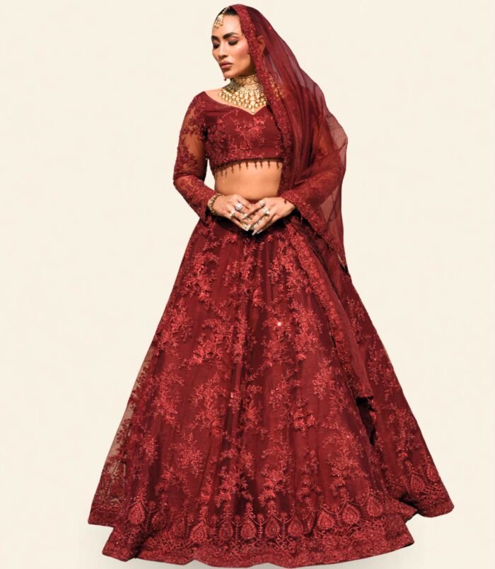 Surkh Timeless Bridal Elegance – Deep Maroon Lehenga Choli with Floral Embroidery and Organza Dupatta