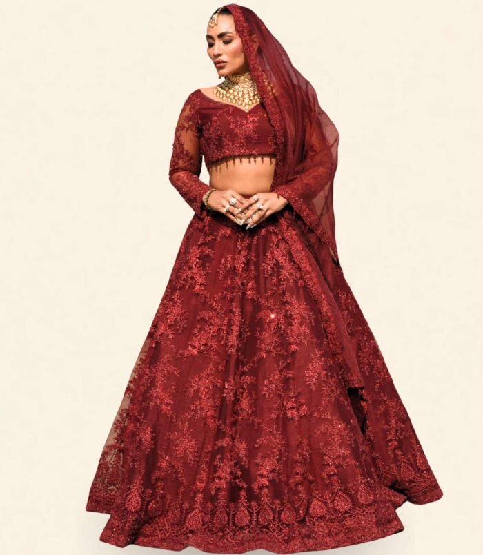 Surkh Wedding Couture – Voluminous Embroidered Lehenga and Embellished Choli in Crimson Maroon
