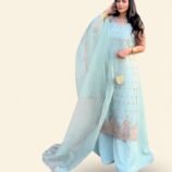 Ufaq Powder Blue & Rose Gold Long Kameez with Panelled Sharara and Flowing Dupatta