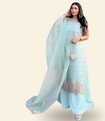 Ufaq Powder Blue & Rose Gold Long Kameez with Panelled Sharara and Flowing Dupatta