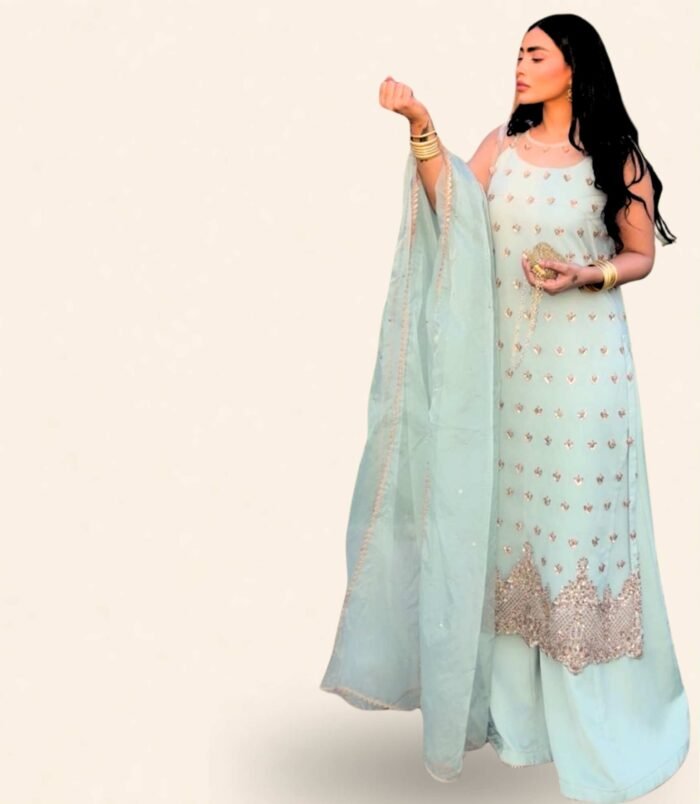 Ufaq Powder Blue Embellished Long Kameez with Organza Dupatta – Graceful Sharara Ensemble