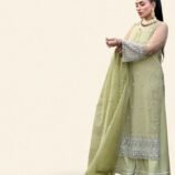 3: Title: "Zaitooni Olive Green Long Kameez with Silver Embroidery and Organza Dupatta – Timeless Elegance