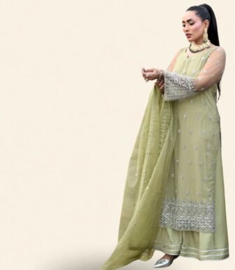 3: Title: "Zaitooni Olive Green Long Kameez with Silver Embroidery and Organza Dupatta – Timeless Elegance