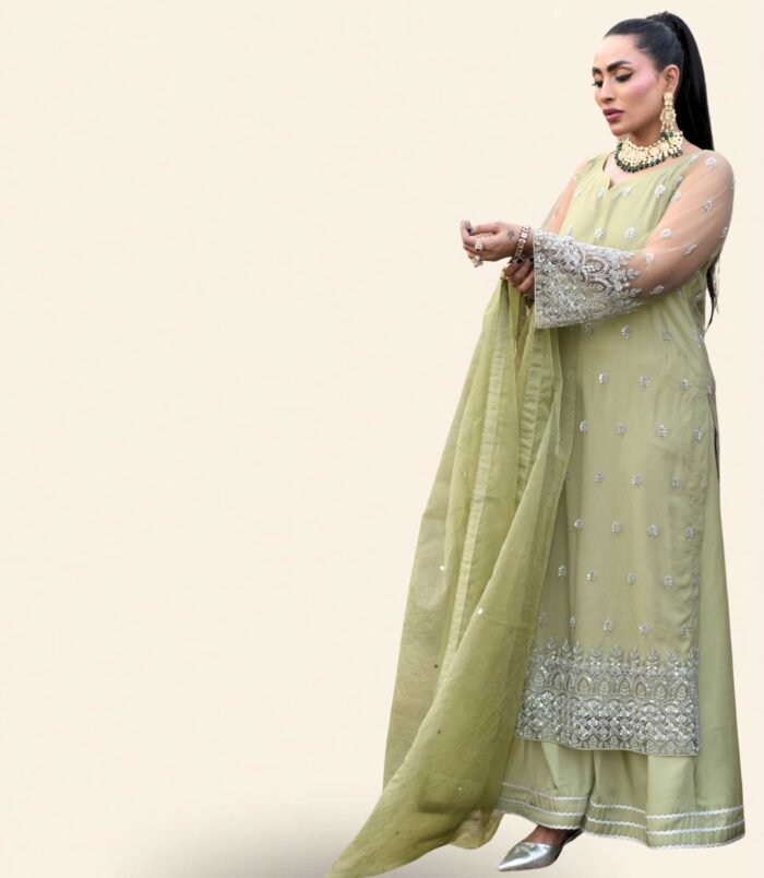 3: Title: "Zaitooni Olive Green Long Kameez with Silver Embroidery and Organza Dupatta – Timeless Elegance