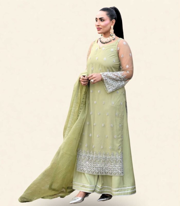 Zaitooni Olive Green Kameez and Flared Palazzos – Sheer Sleeves with Frosted Silver Embroidery
