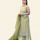 Zaitooni Olive Green Embroidered Long Kameez with Flared Palazzos – Earthy Elegance with Frosted Silver Detailing