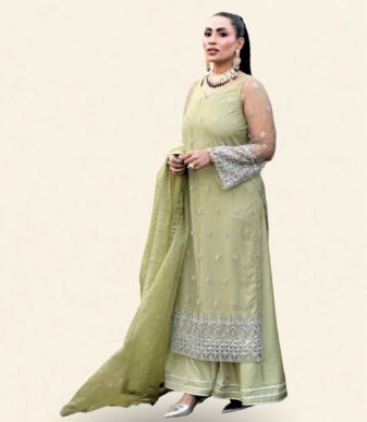 Zaitooni Olive Green Embroidered Long Kameez with Flared Palazzos – Earthy Elegance with Frosted Silver Detailing
