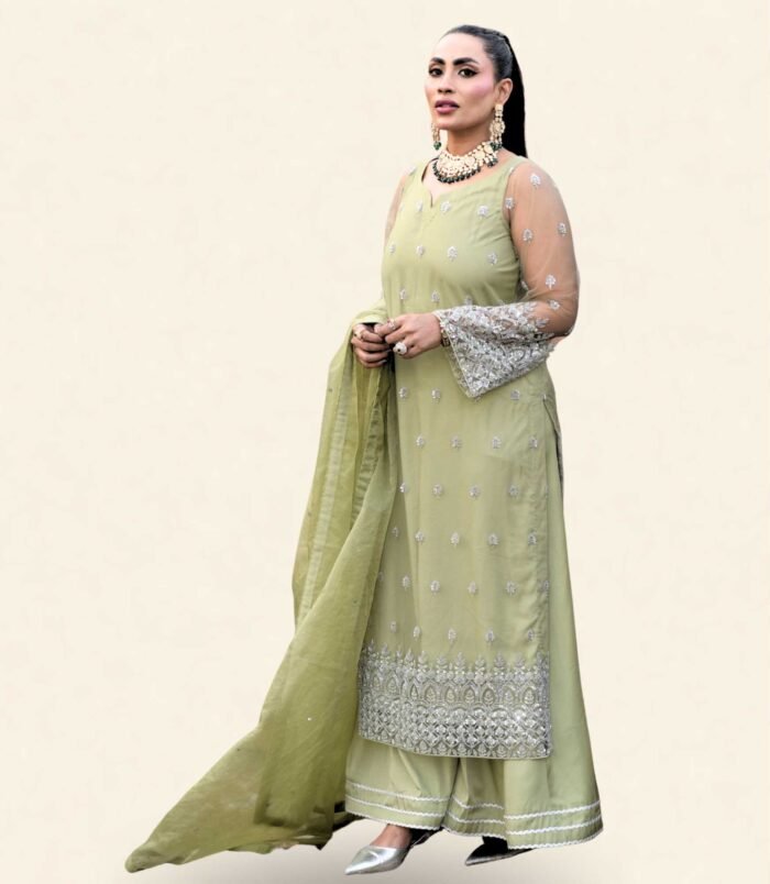 Zaitooni Olive Green Embroidered Long Kameez with Flared Palazzos – Earthy Elegance with Frosted Silver Detailing