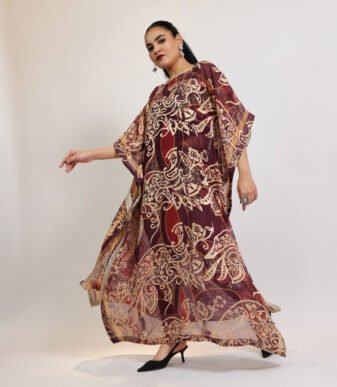 RUT Maroon & Gold Printed Flowing Kaftan Dress