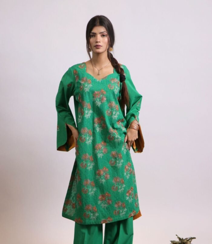 Amaltas green embroidered lawn shirt and trouser suit