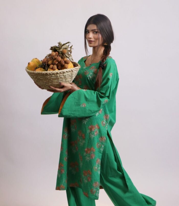 Amaltas green embroidered lawn shirt and trouser suit