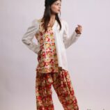 Gulshan asymmetrical white lawn kurti with farshi shalwar