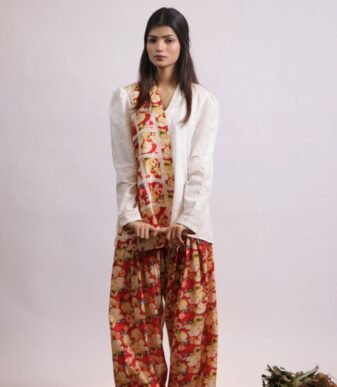 Gulshan asymmetrical white lawn kurti with farshi shalwar
