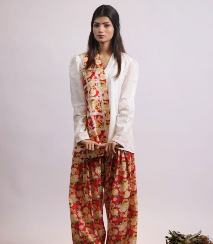 Gulshan Main Gulshan asymmetrical white lawn kurti with farshi shalwar