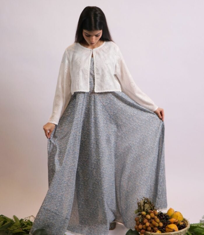 Motia blue printed lawn suit with embroidered jacket