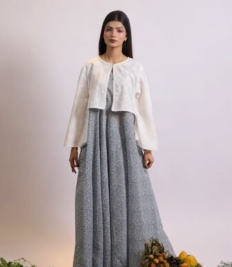 Motia blue printed lawn suit with embroidered jacket