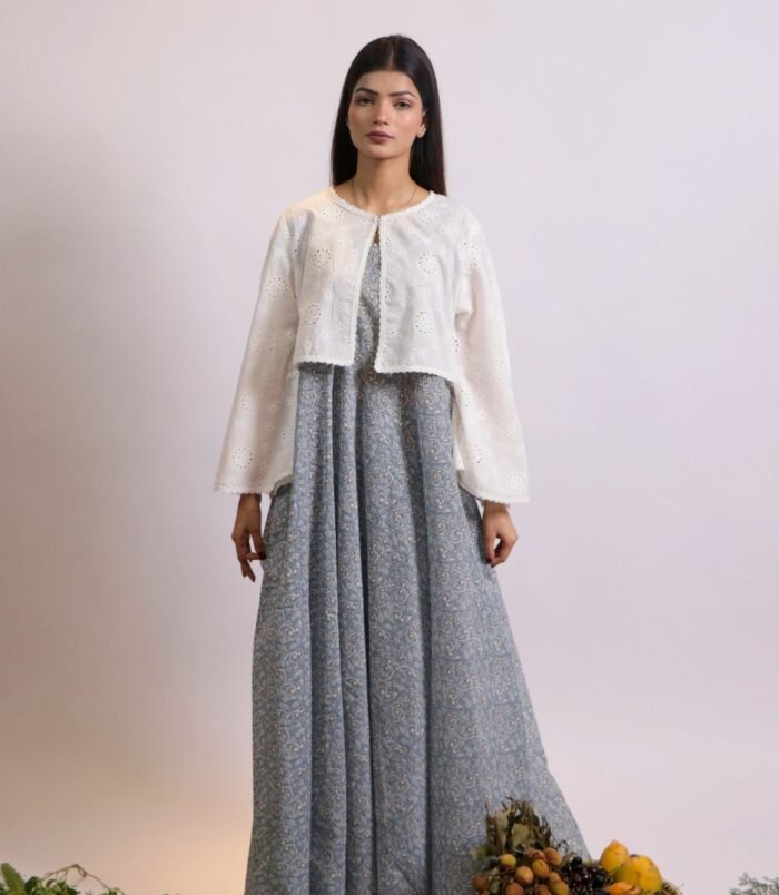 Motia blue printed lawn suit with embroidered jacket