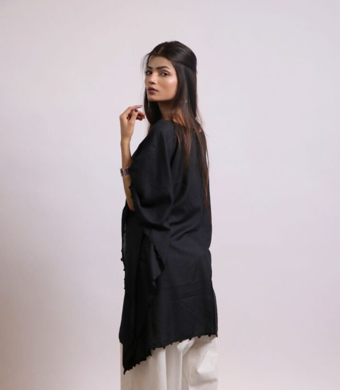 Raat Ki Rani black lawn kaftan with ivory farshi shalwar