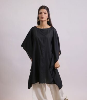 Raat Ki Rani black lawn kaftan with ivory farshi shalwar