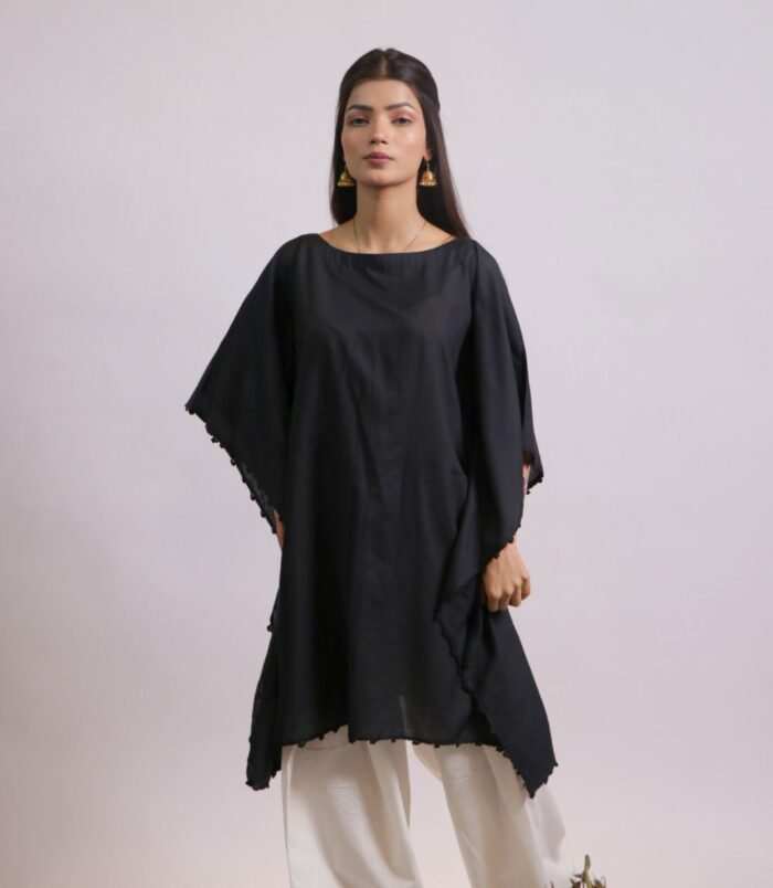 Raat Ki Rani black lawn kaftan with ivory farshi shalwar